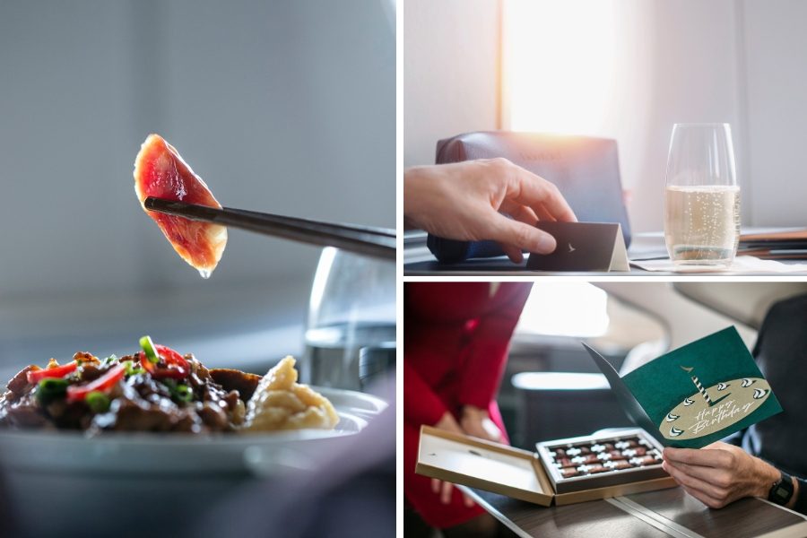 Business class inflight dining with Hong Kong style food